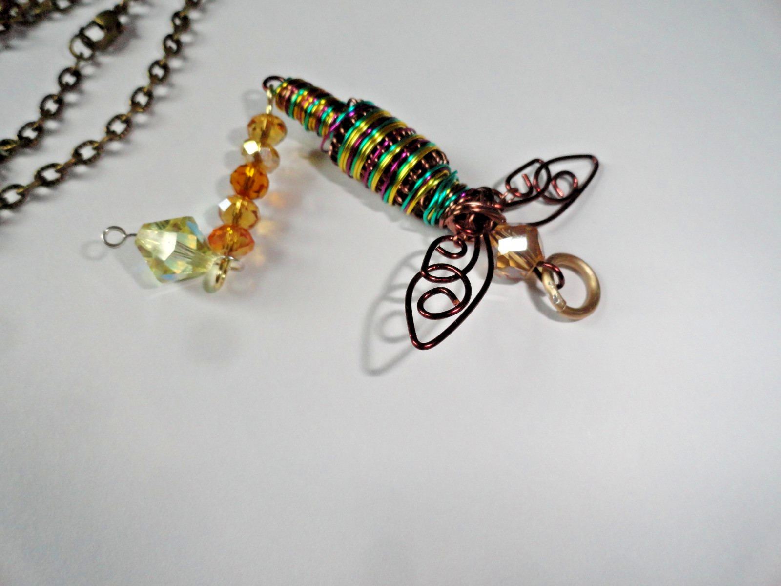#10705 Brown/Green with Gold/Red Dragonfly Pendant Swarovskis Dangle Chain