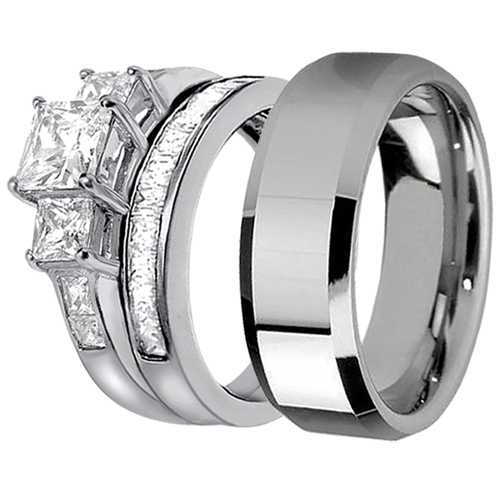 Hers Bridal Sterling Silver His Stainless Steel Engagement Wedding Ring Band Set