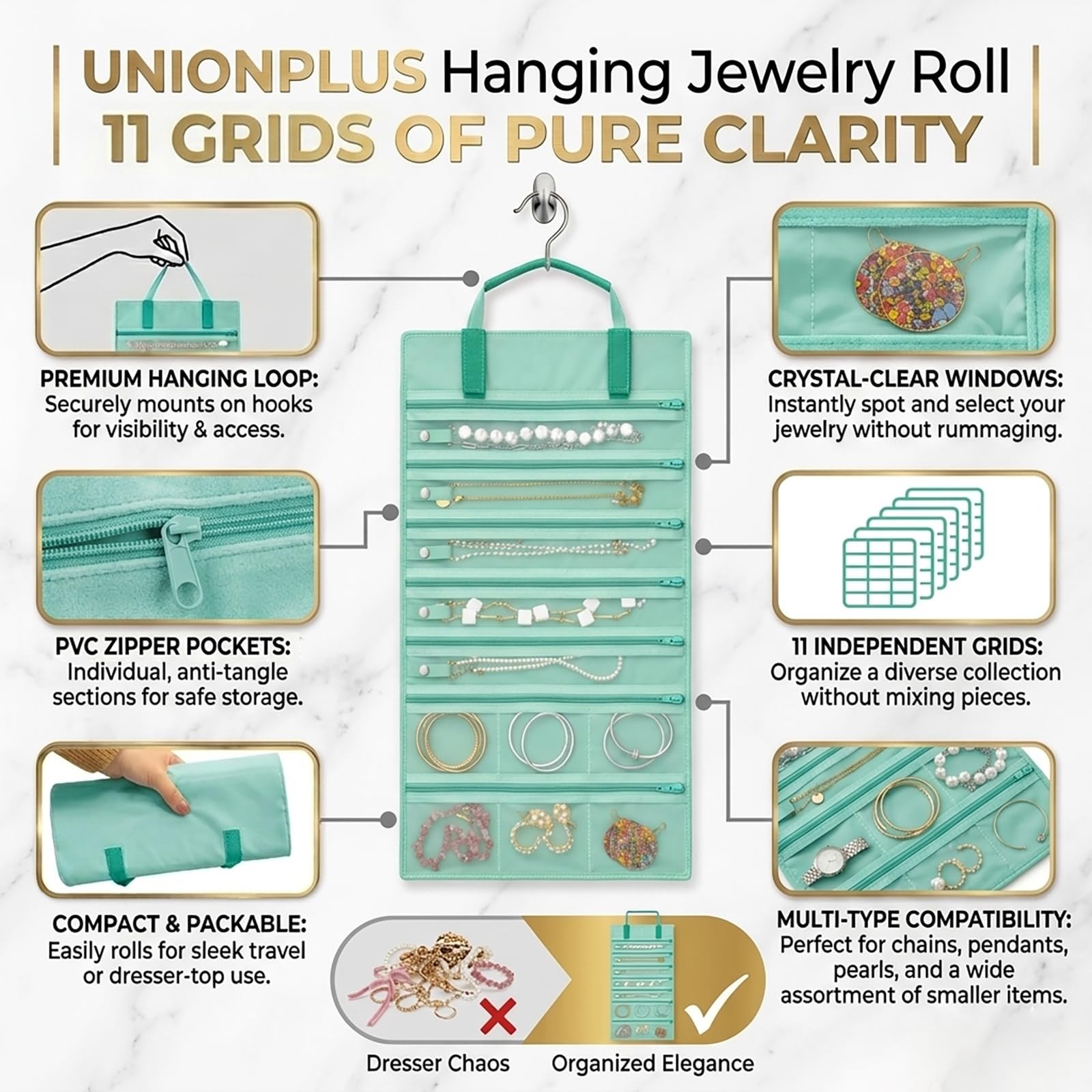 Velvet Jewelry Roll Organizer, 9/11 Grids – Travel Jewelry Case with Zippered…