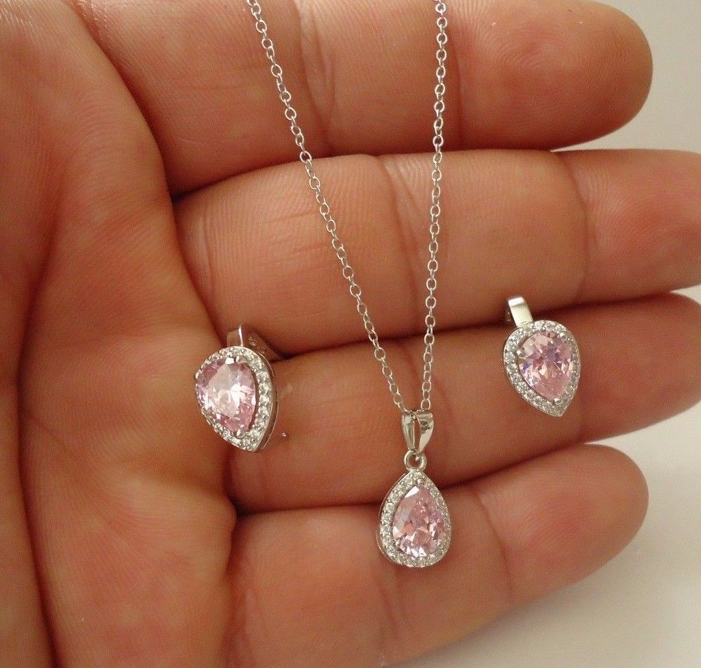 PENDANT & EARRING SET 7.20 CT PINK/ WHITE LAB CREATED DIAMONDS STERLING SILVER