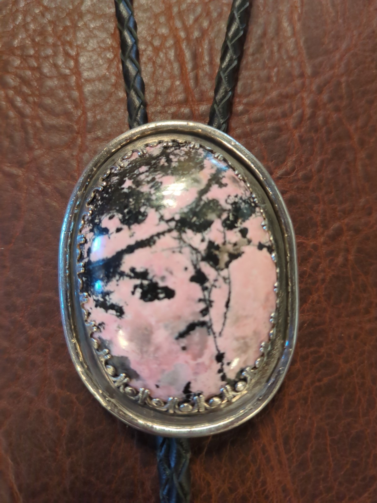 bolo tie sterling silver handmade rhodonite