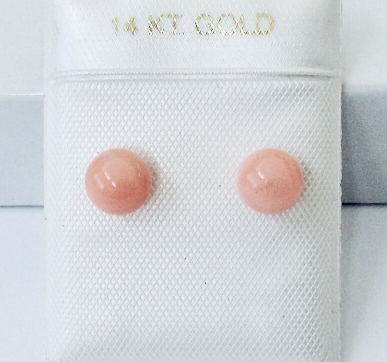 Small Natural Angel Skin Coral 5.4 – 6 mm Ball Solid 14K Gold Stud Earrings NEW