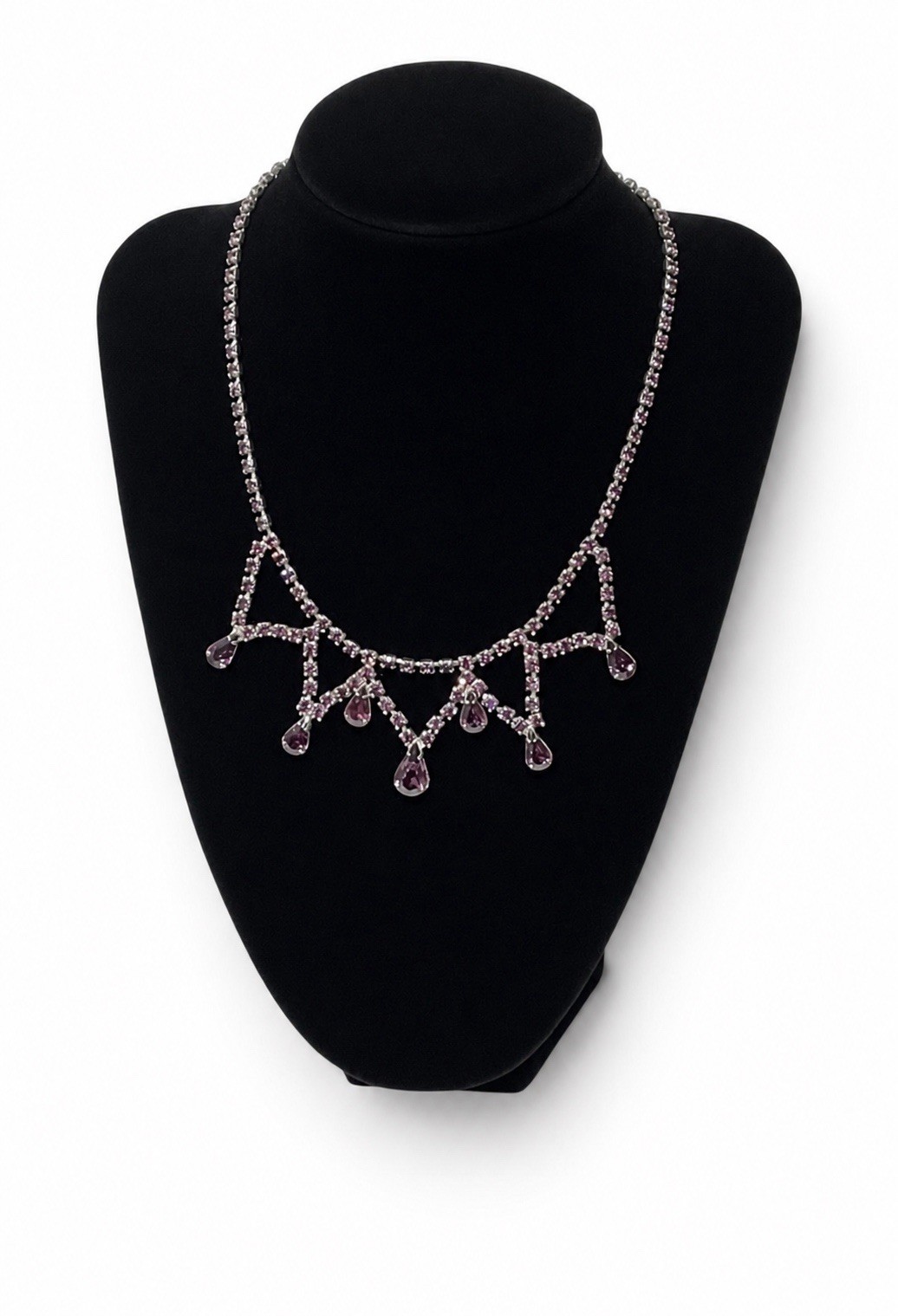 Vintage Purple Rhinestone Festoon Necklace Silver Tone Teardrop Dangle 16”