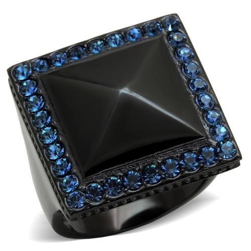 Women’s Pyramid Ring, Blue Top Grade Crystal, Black Plated, Stainless Steel