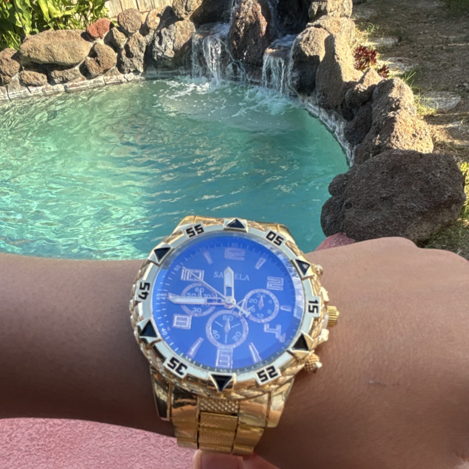 Saigela Gold Chronograph Wristwatch Blue Dial Metal Band Analog Dress/Formal