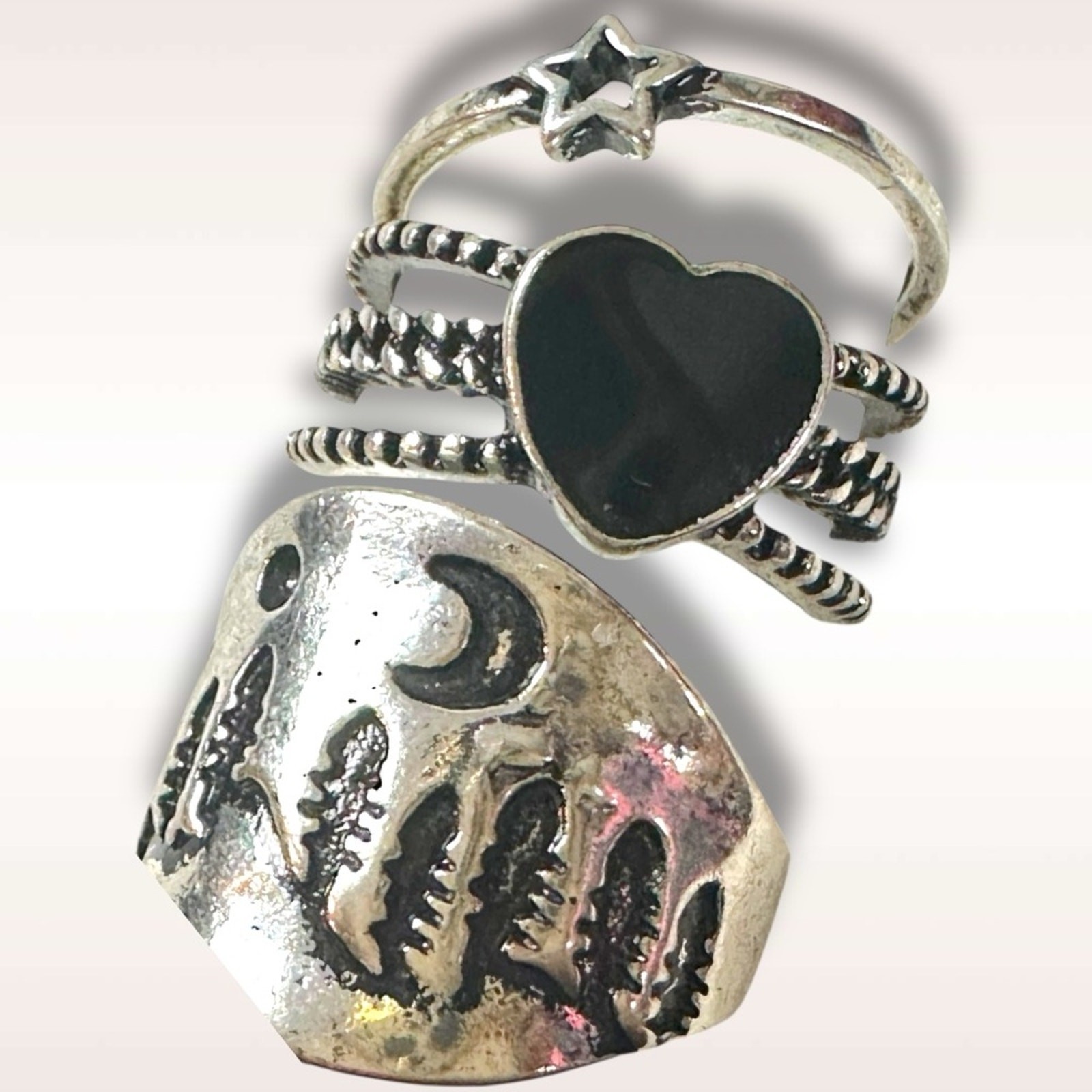 Free People Celestial Western Bohemian Ring Set Silver Onyx Snake Moon Star NWT