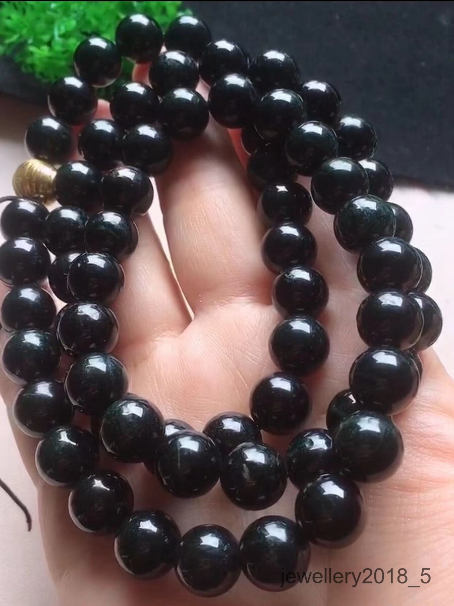 Certified Black Green Burma 100% natural A jadeite jade Beads Necklace 墨翠项链