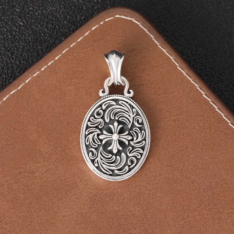 Heavy Gothic Cross Pendant S925 Silver Floral Baroque Medallion Biker Amulet