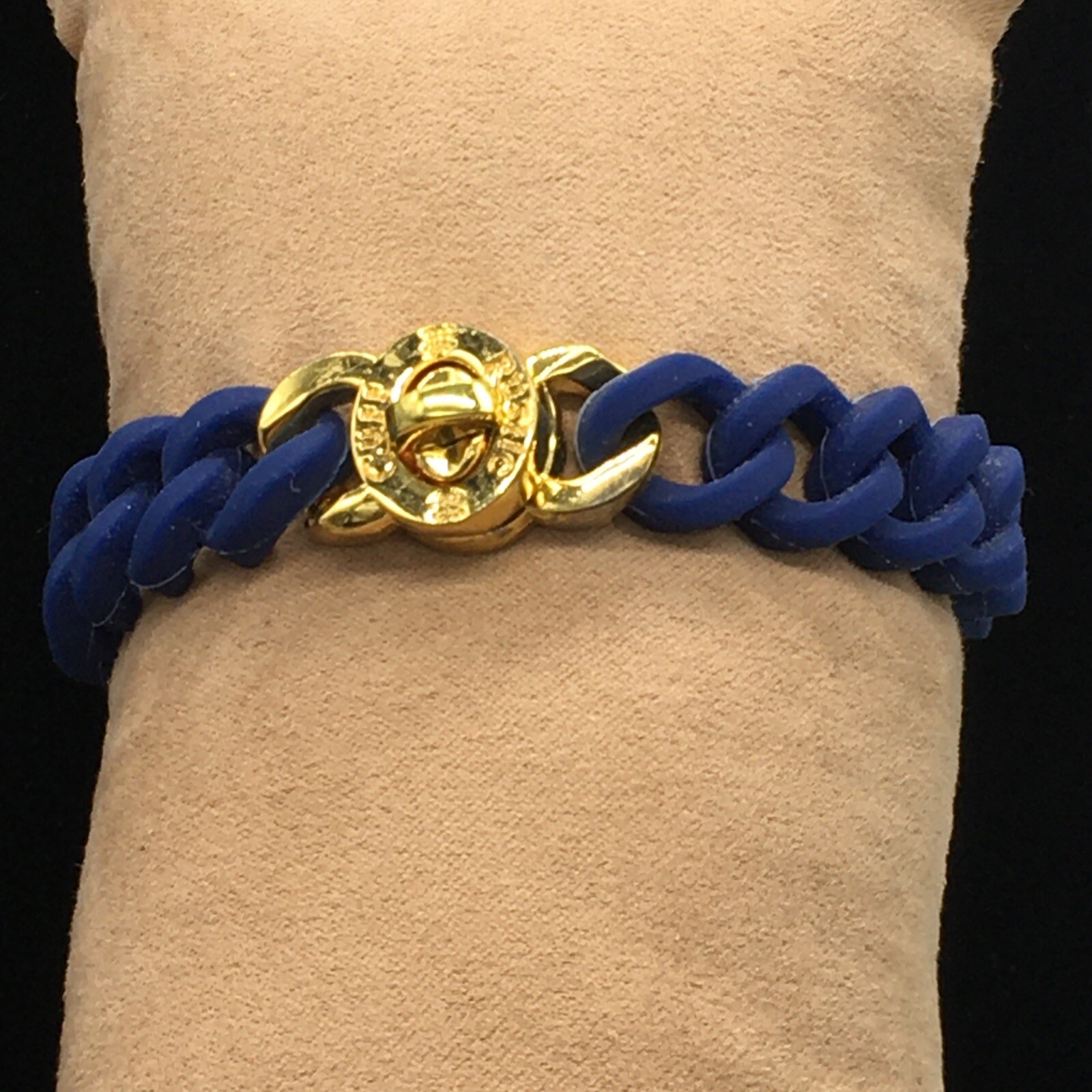 Rustic Cuff Gold Tone Turn Lock Navy Blue Silicone Stretch Mock Chain Bracelet