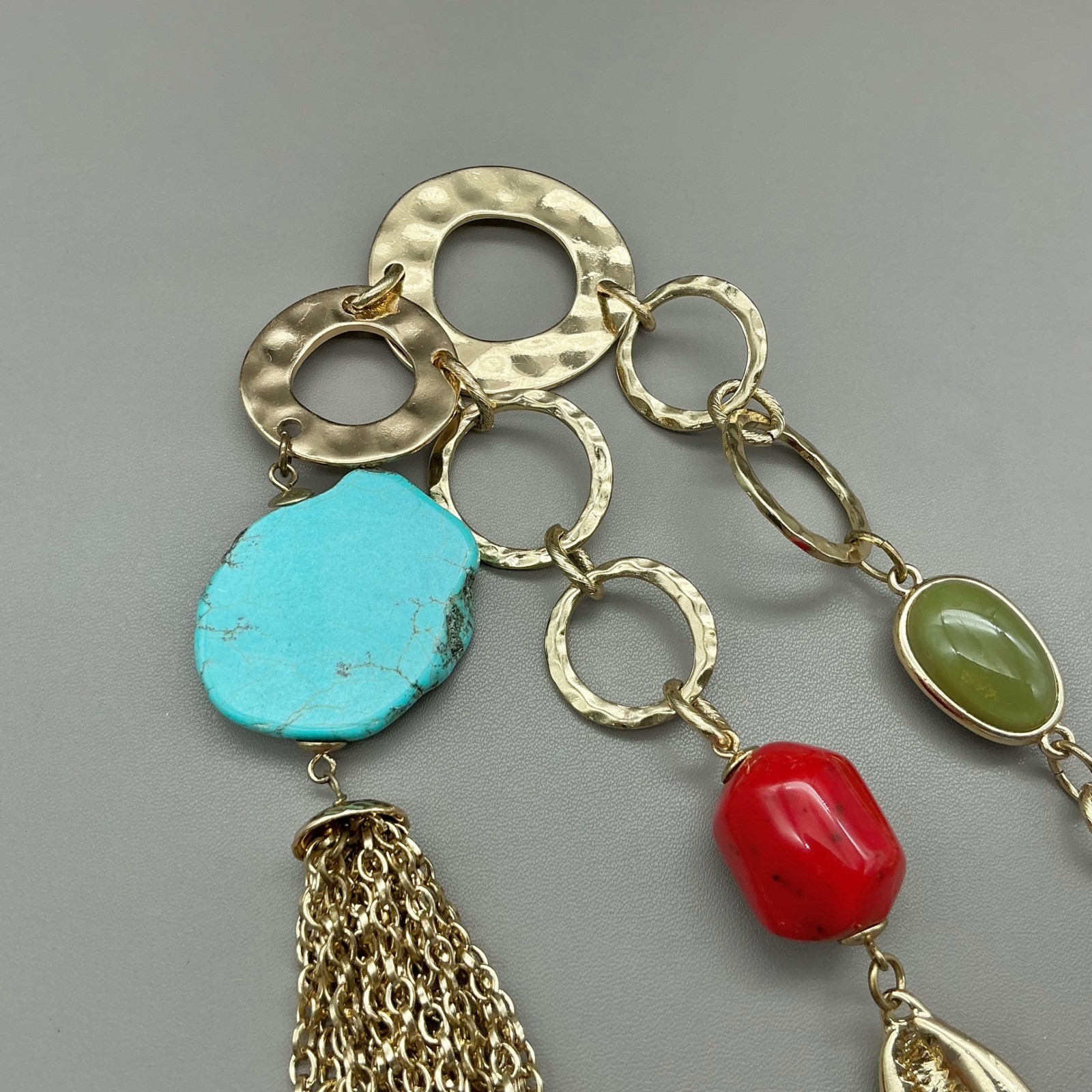 Chico’s Necklace Womens Gold Tone Turquoise Red Green Tassel Statement 22-26 In