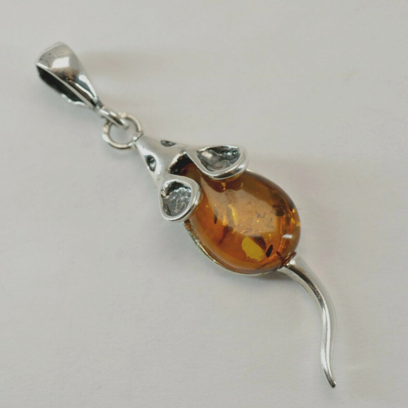 Natural, Cognac / Brown BALTIC AMBER Mouse Pendant 925 STERLING SILVER #5104