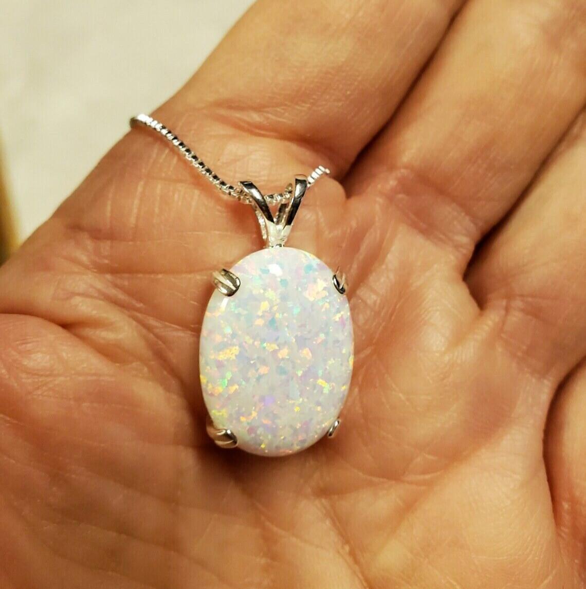 White Opal Rainbow Oval Shape 925 Sterling Silver Pendant Jewelry