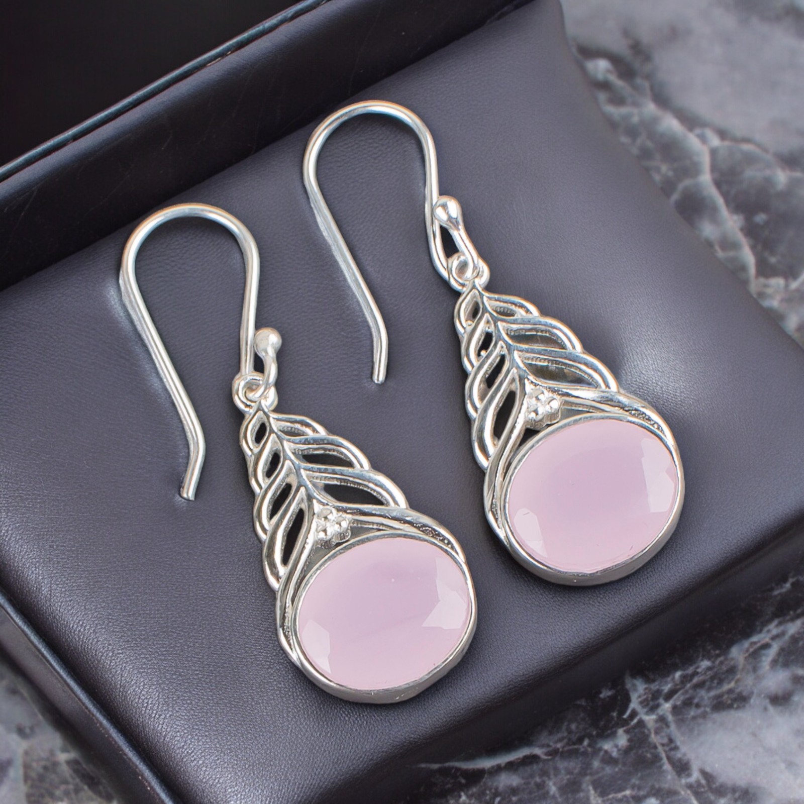 Rose Chalcedony Earrings 925 Silver Handmade Jewelry 1.64″ For Anniversary Gifts