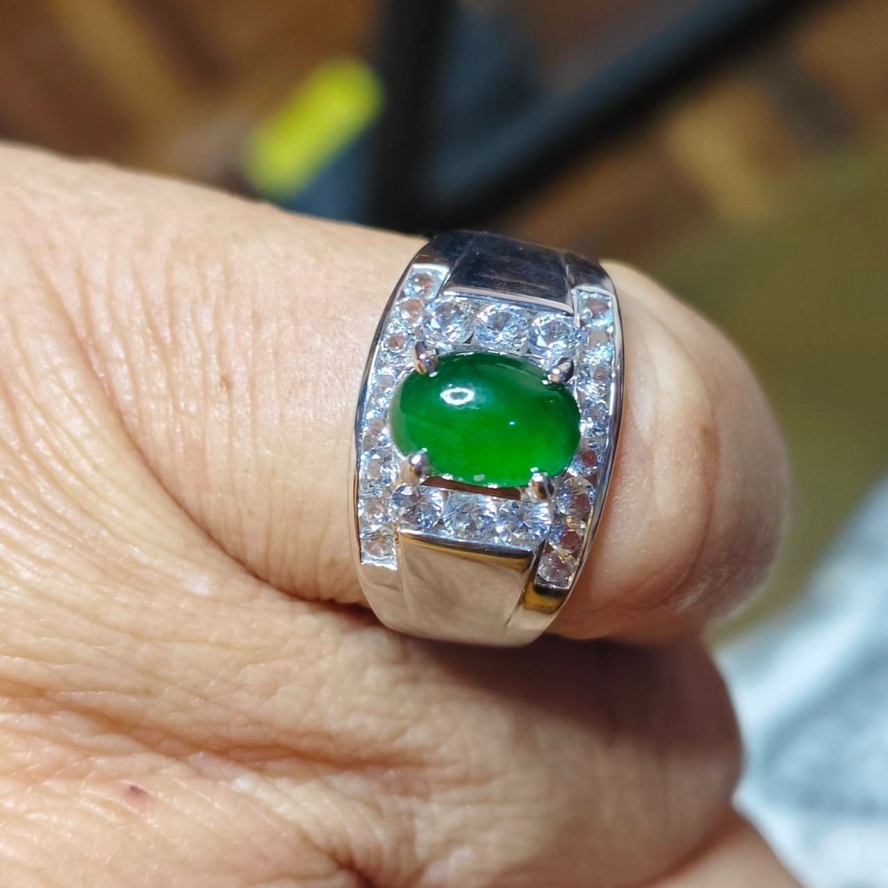 6.4×5.4 mm TypeA Natural Burma imperial green jade white Topaz 925 Silver Ring