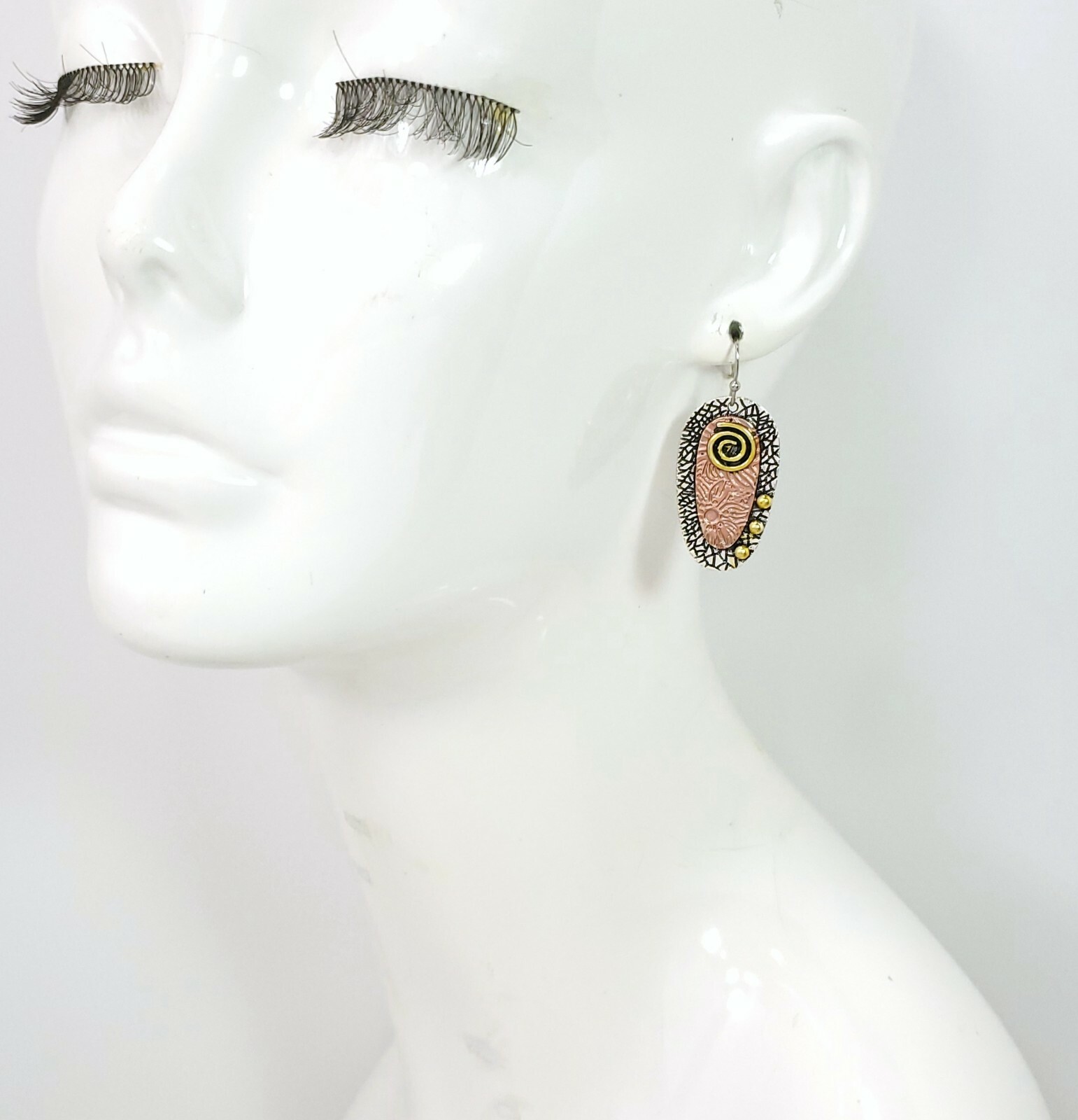 E0478 Antique Silver Gold Copper Tone Oval Shape Dangle Earrings Vintage Woman