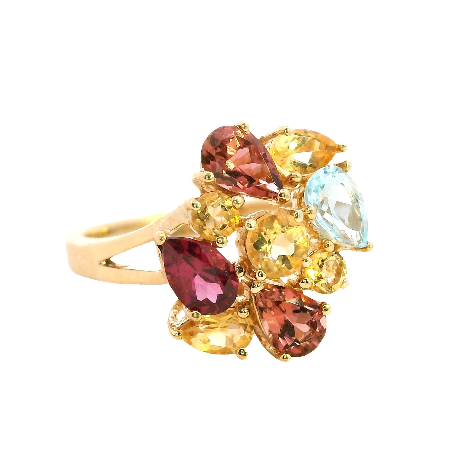 9ct Yellow Gold Ring Amethyst Topaz Garnet Sapphire Multi Gemstone 3.8g Stamped