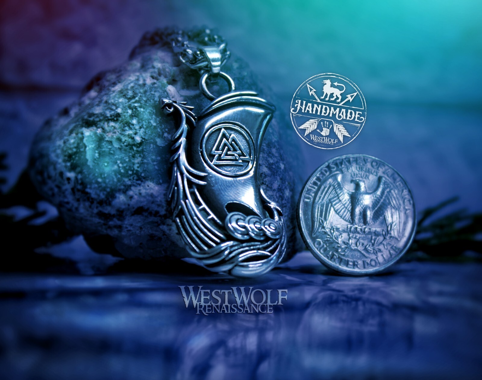 Viking Ship Pendant – Drakkar Raiding Ship or Longboat with Valknut Symbol Sail
