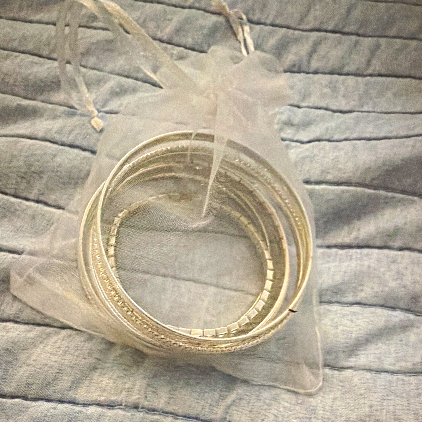 Silver Tone Metal Bangle Bracelet Set, Round Shape, No Stone, Undated Era