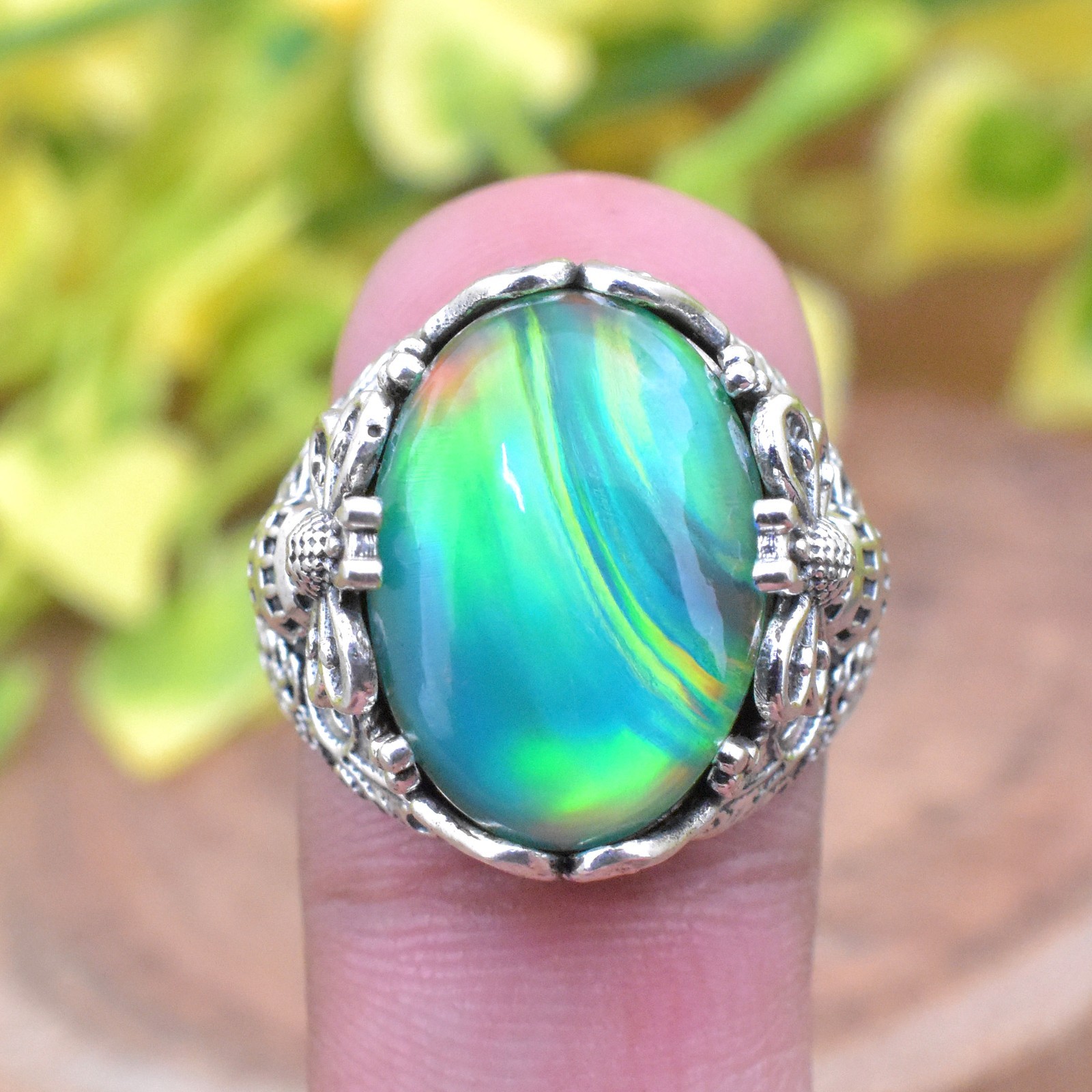 Aurora Opal Ring, Honey Bee Designer Ring, Opal Cabochon Statement Ring