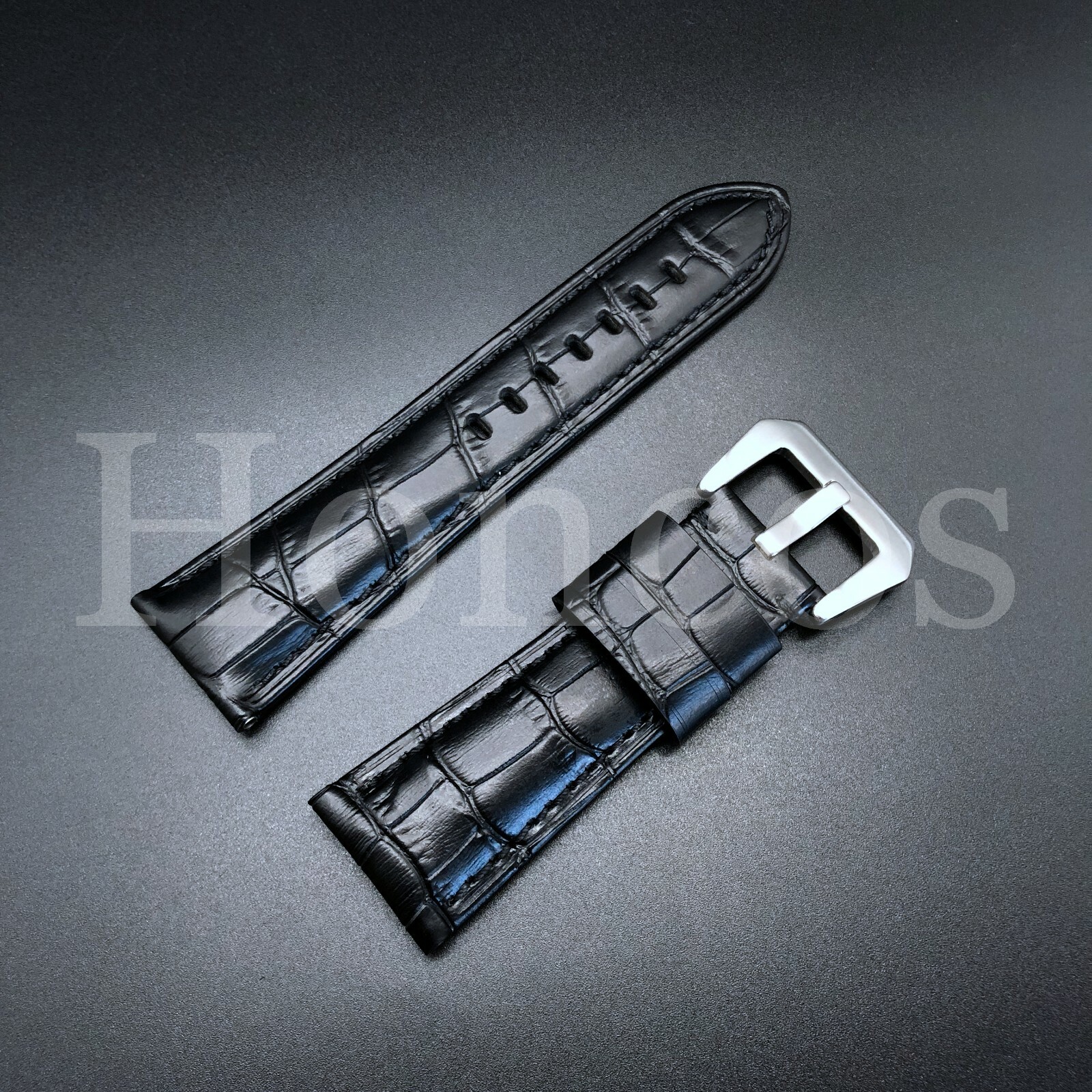 Fits For Panerai 24mm Handmade Black Croc Leather Watch Strap Band Pre-v Buckle