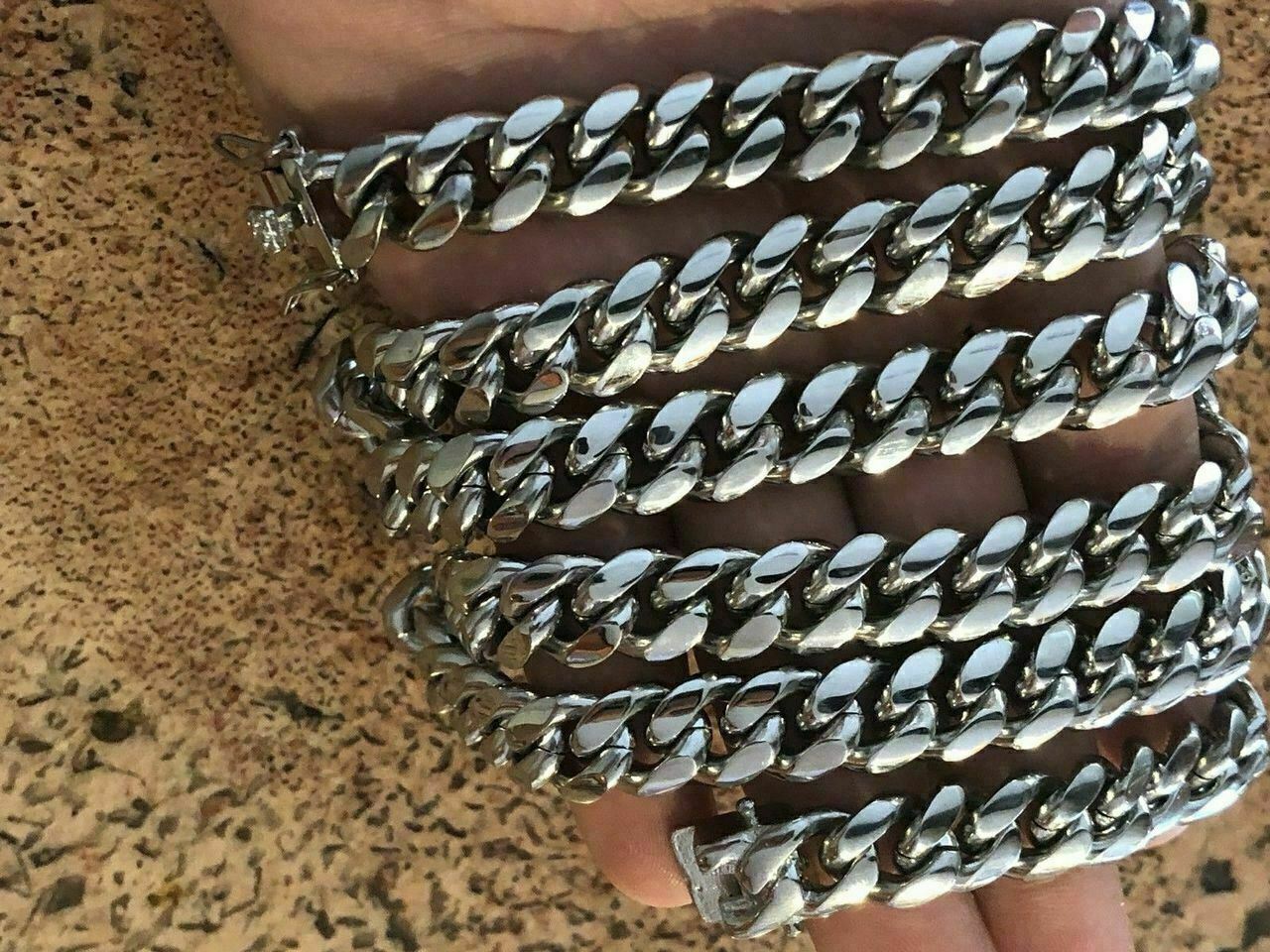 12mm Mens Miami Cuban Link Chain Stainless Steel HEAVY Looks Like Silver Hip Hop