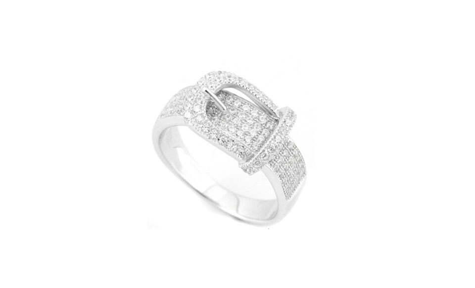 Women’s 18K White Gold Plated Cubic Zirconia Pave Buckle Ring Band Sizes 6-9