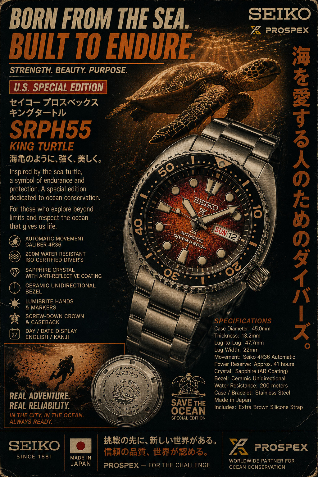 Seiko Brown Turtle Shell Dial Automatic 4R36 Men’s Watch SRPH55