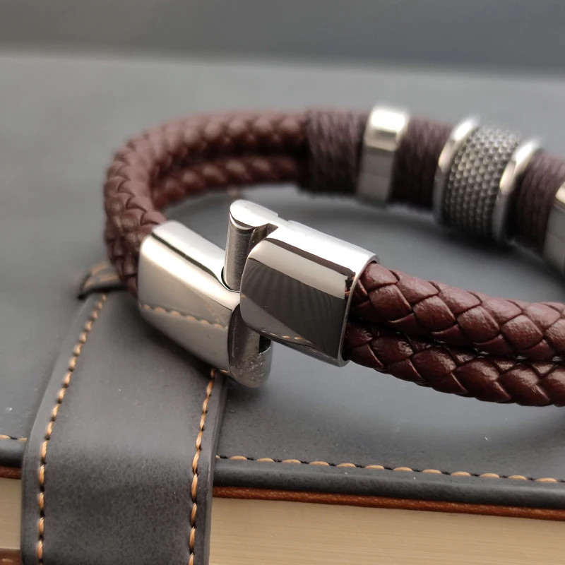 PU Leather Bracelet Multilayer Stainless Steel Bead Charm Men Wrist Jewelry