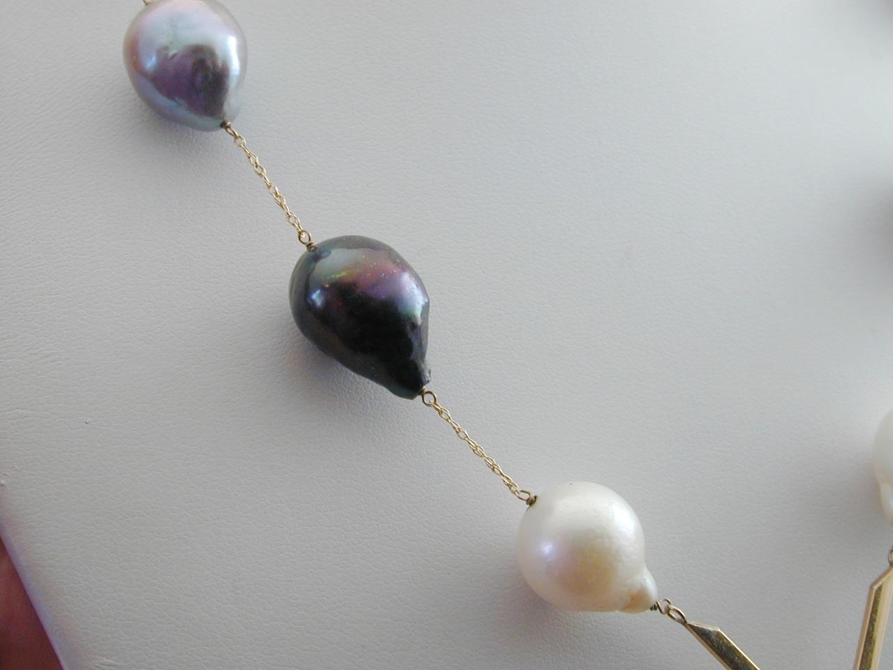 Vintage 14-18mm Gray Black White Baroque Pearl V Necklace 14k 17.75” Tahitian