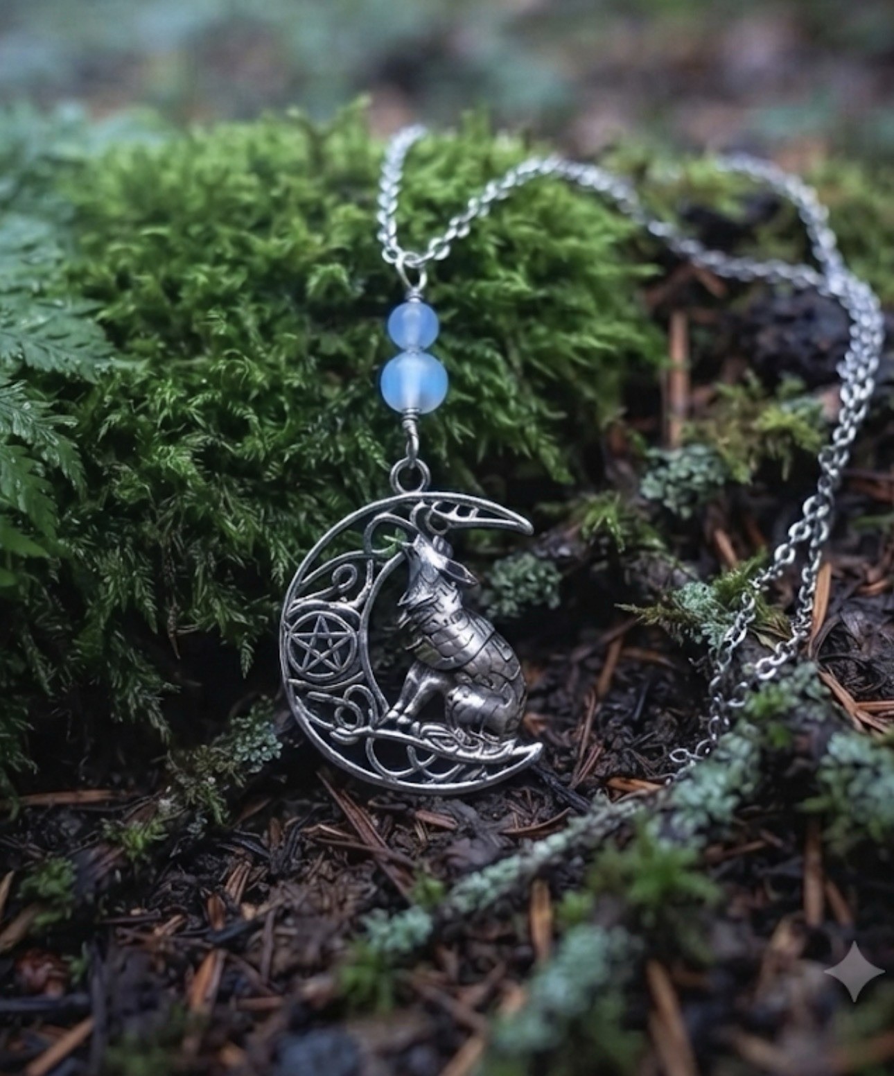 Opalite Wolf Crescent Moon Pendant