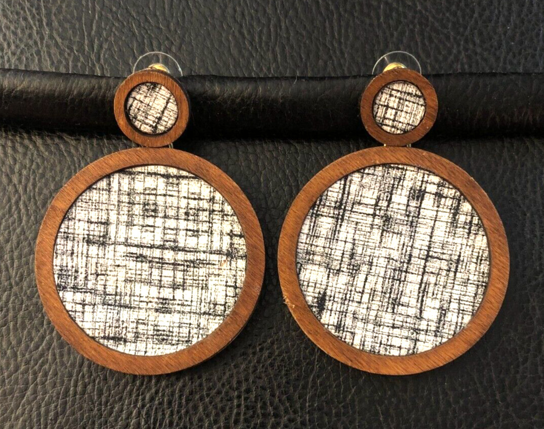 Fashion Statement Earrings Fall Brown Wood Black White Tweed Big 2+” Runway 6409