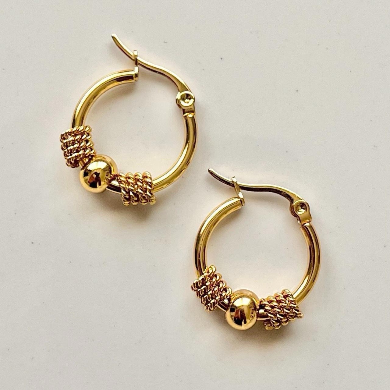 Two-Tone Gold Tone Stainless Steel Beaded Hoop Huggie Earrings Hinged Closure