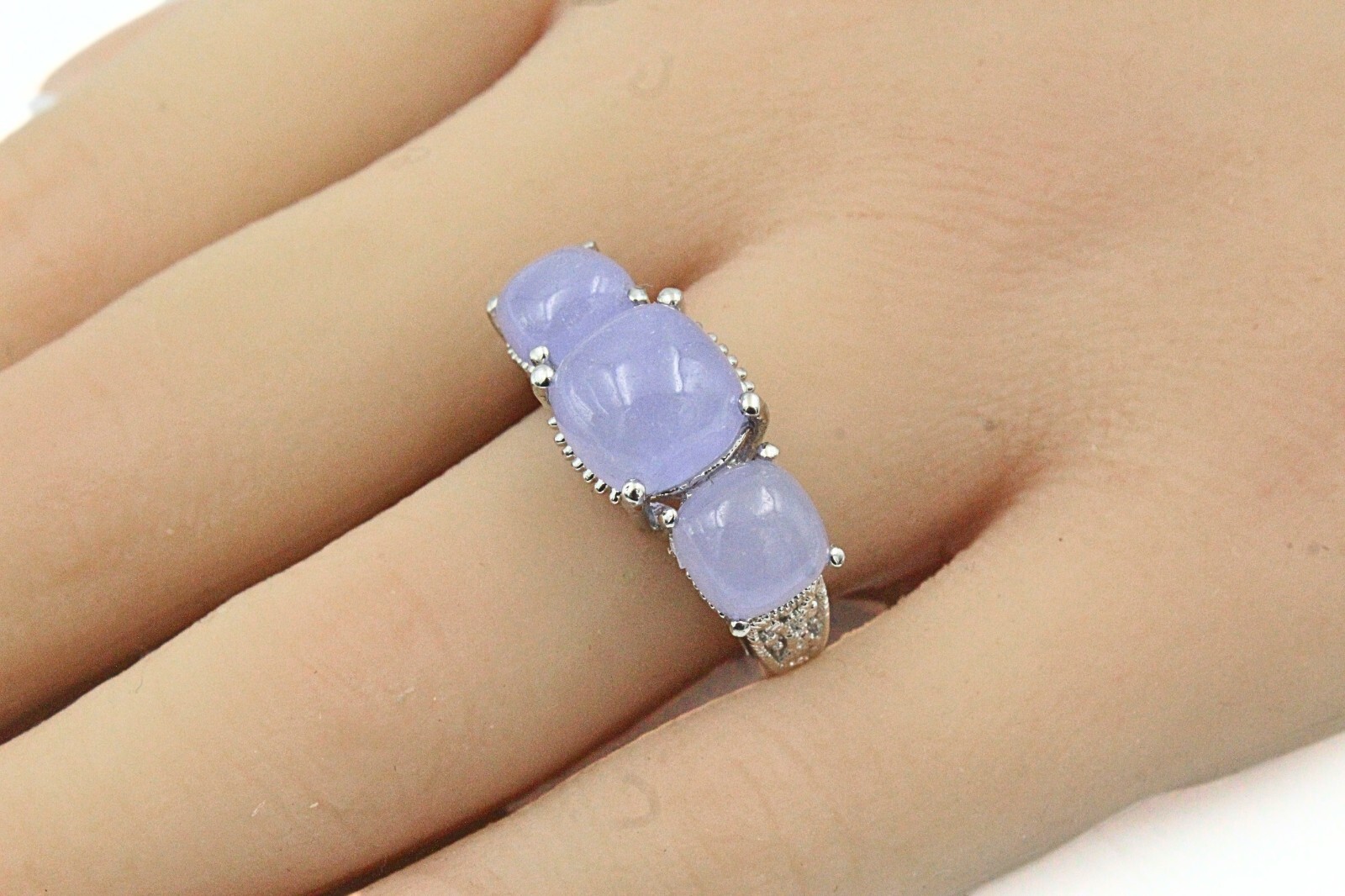 STS Karis Signed Contemporary Rhodium Plate 3 Stone Jade Ring Sz 7