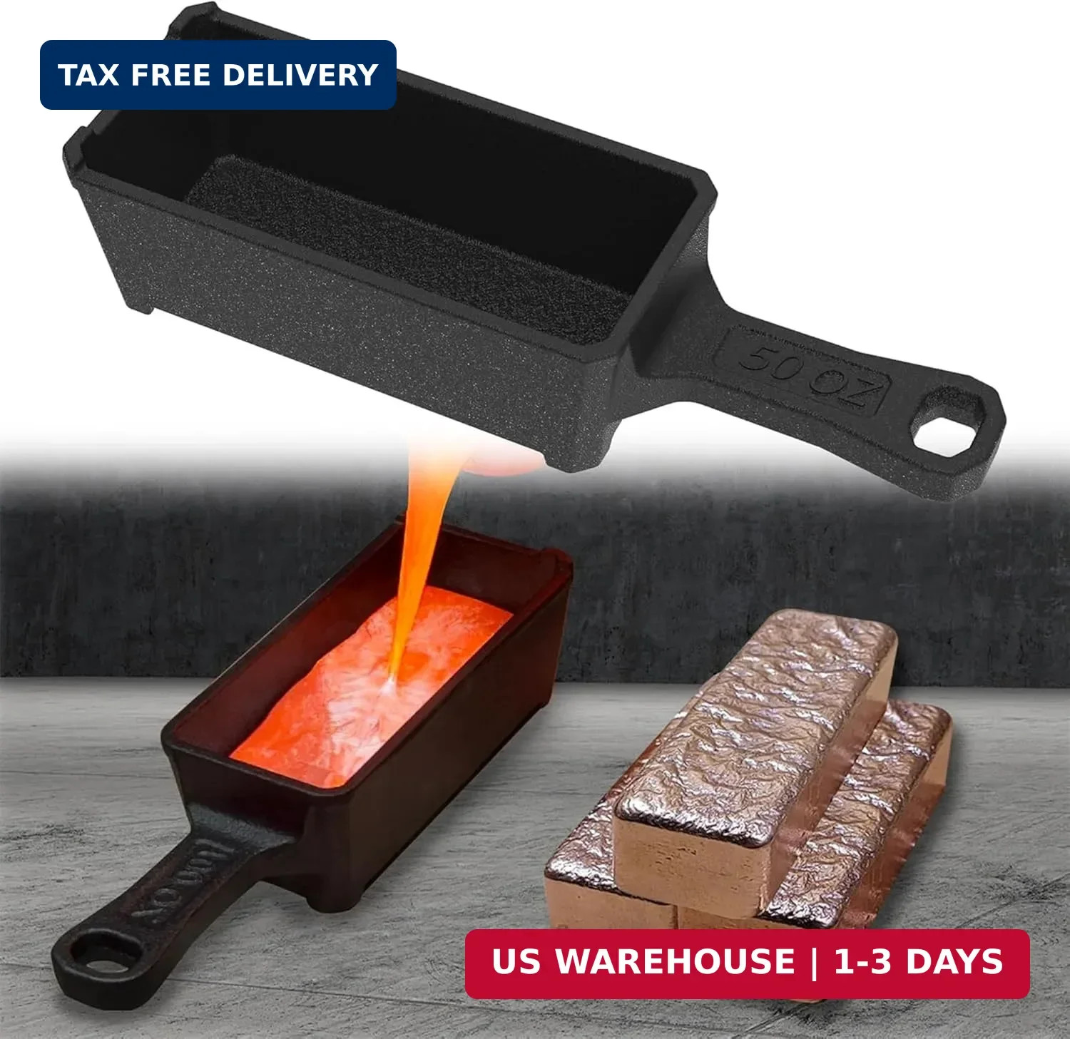 Nelyrho 50 oz Troy Ounce Cast Iron Loaf Bar Ingot Mold Crucible with Handle for