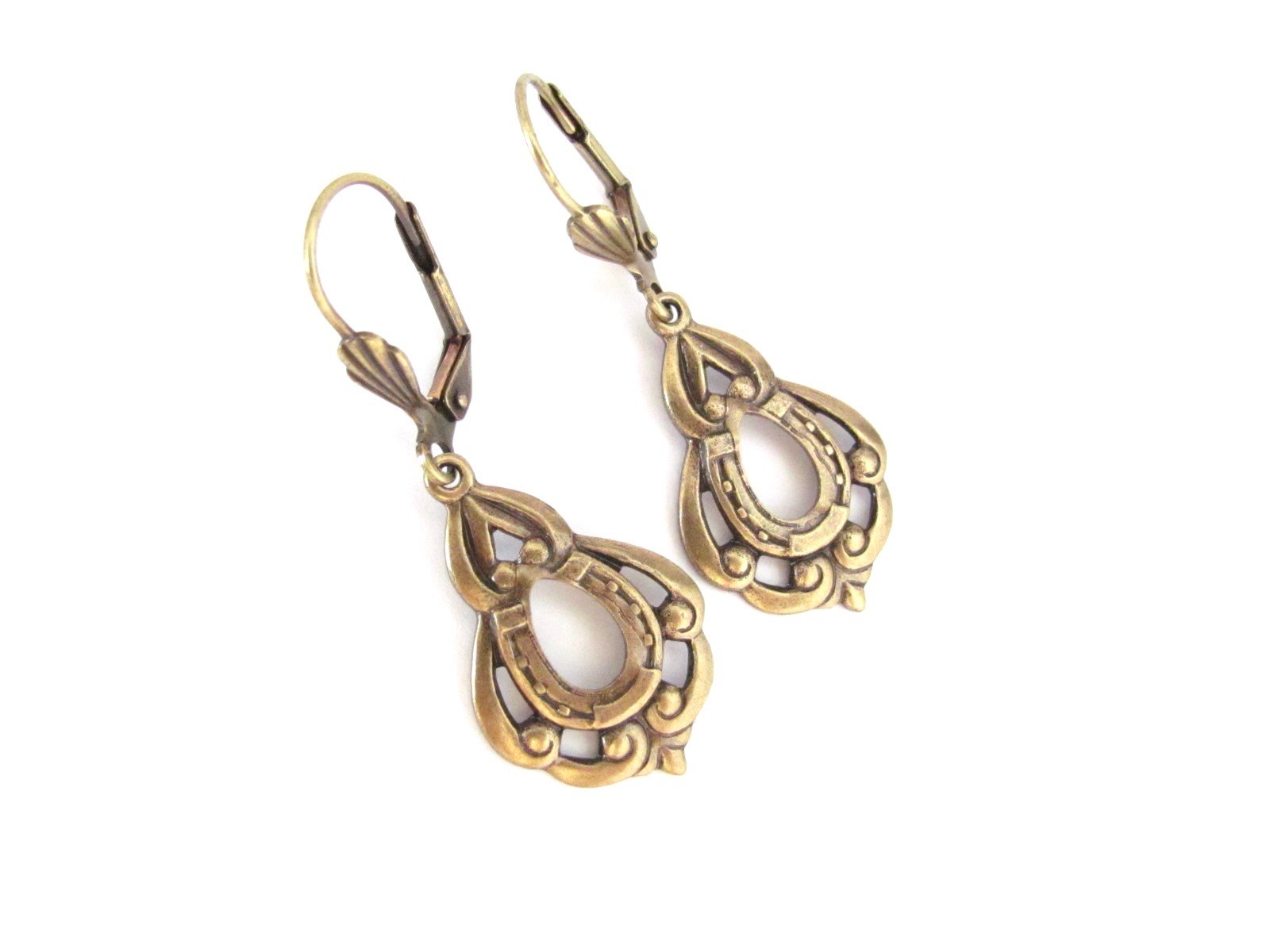 ART DECO Earrings Vintage Design Lucky Horse Shoe Antiqued Brass Gift for Her