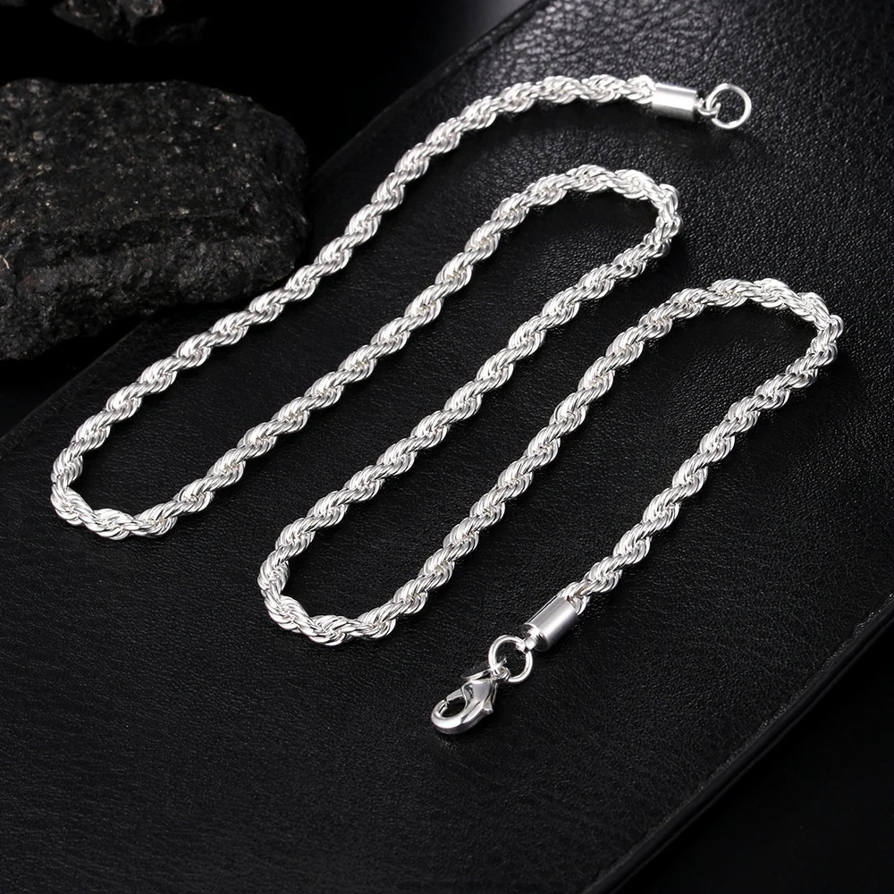 4MM Rope Chain Necklace 925 Sterling Silver Fashion Jewelry for Women Men Gift