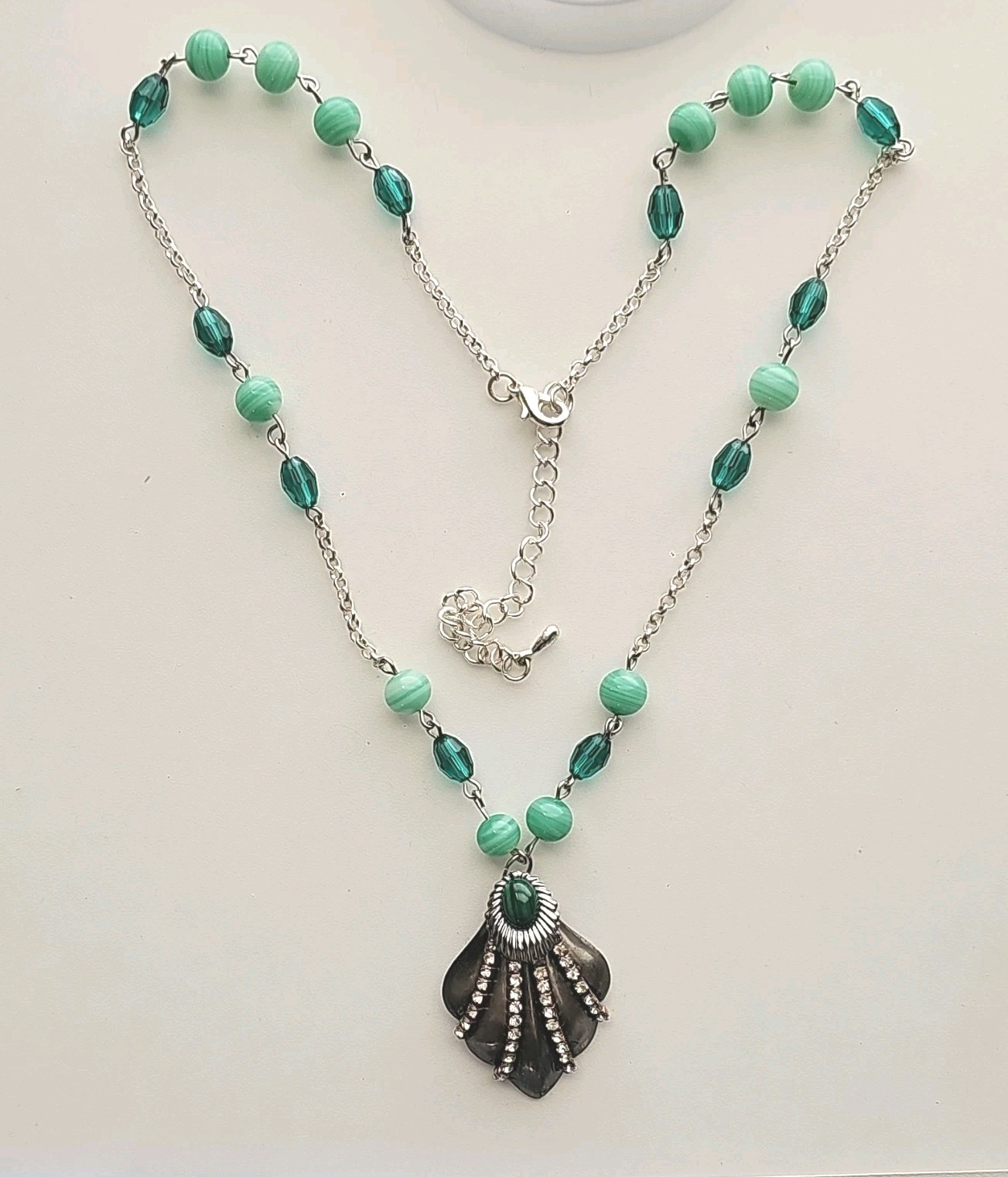 Assemblage Necklace Vintage Czech Glass Beads Malachite Cab Pendant Silver Tone