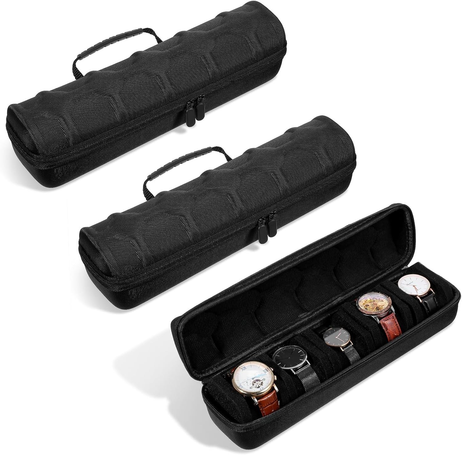 2 Pcs Men’s Watch Travel Case with 5 Slots & Soft Foam Pillows – Portable Black