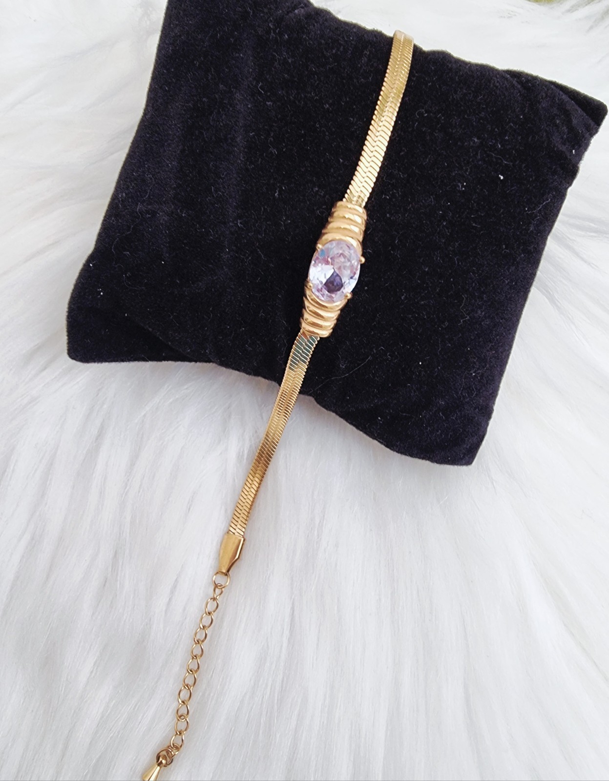 Gold Oval White Stone Bracelet/ Stainless Steel / Adjustable