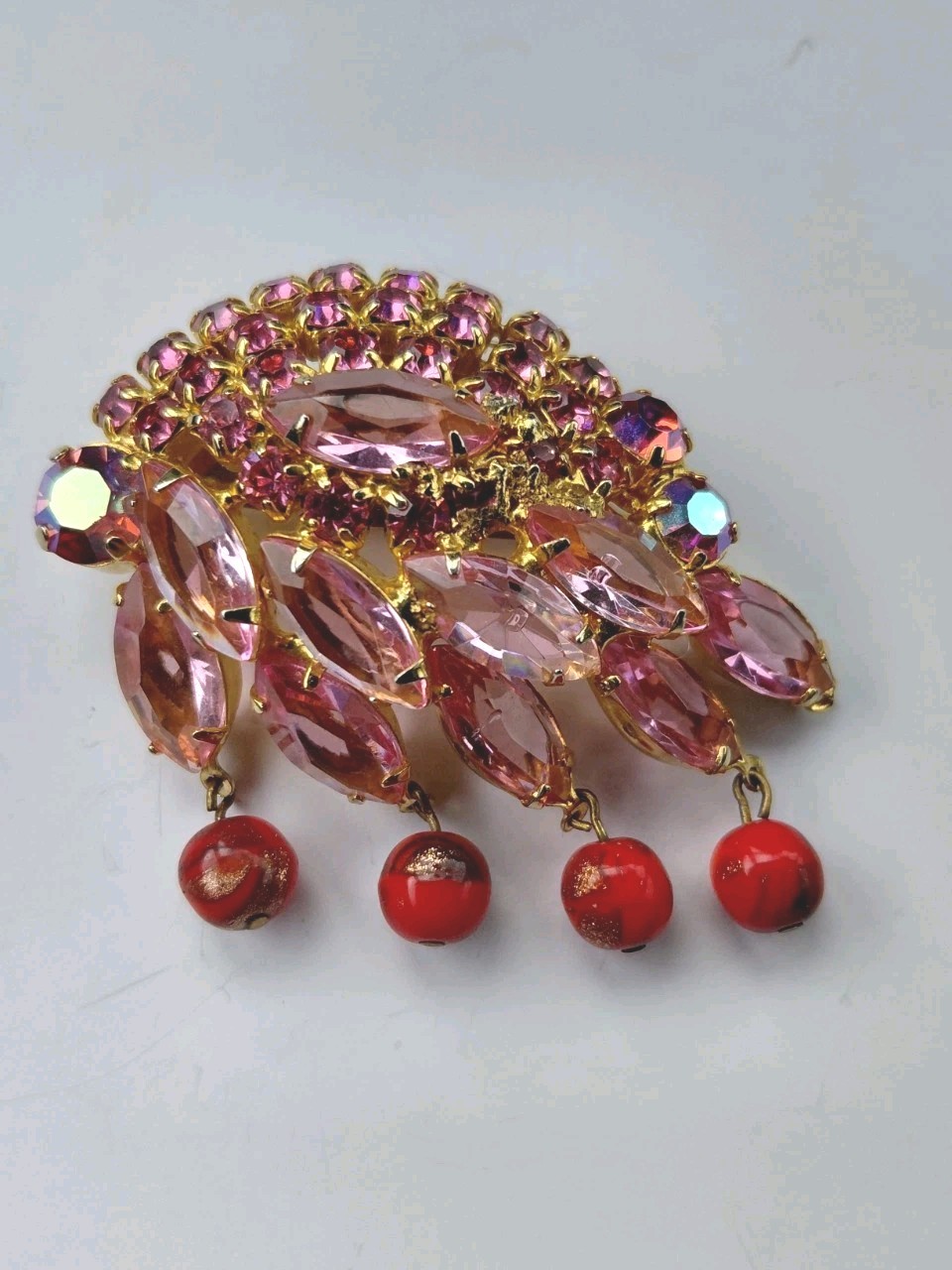 Vintage Rhinestone Brooch Pink Stones Dangling Red Beads