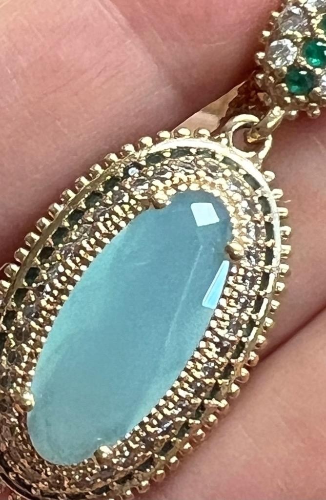 REAL Milky Aquamarine 14K Gold on SOLID 925 White Sapphire Victorian Rev Oblong