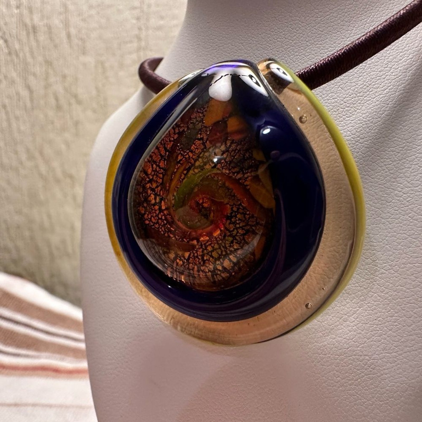 Artisan Glass Teardrop Necklace with Gold and Brown Accents