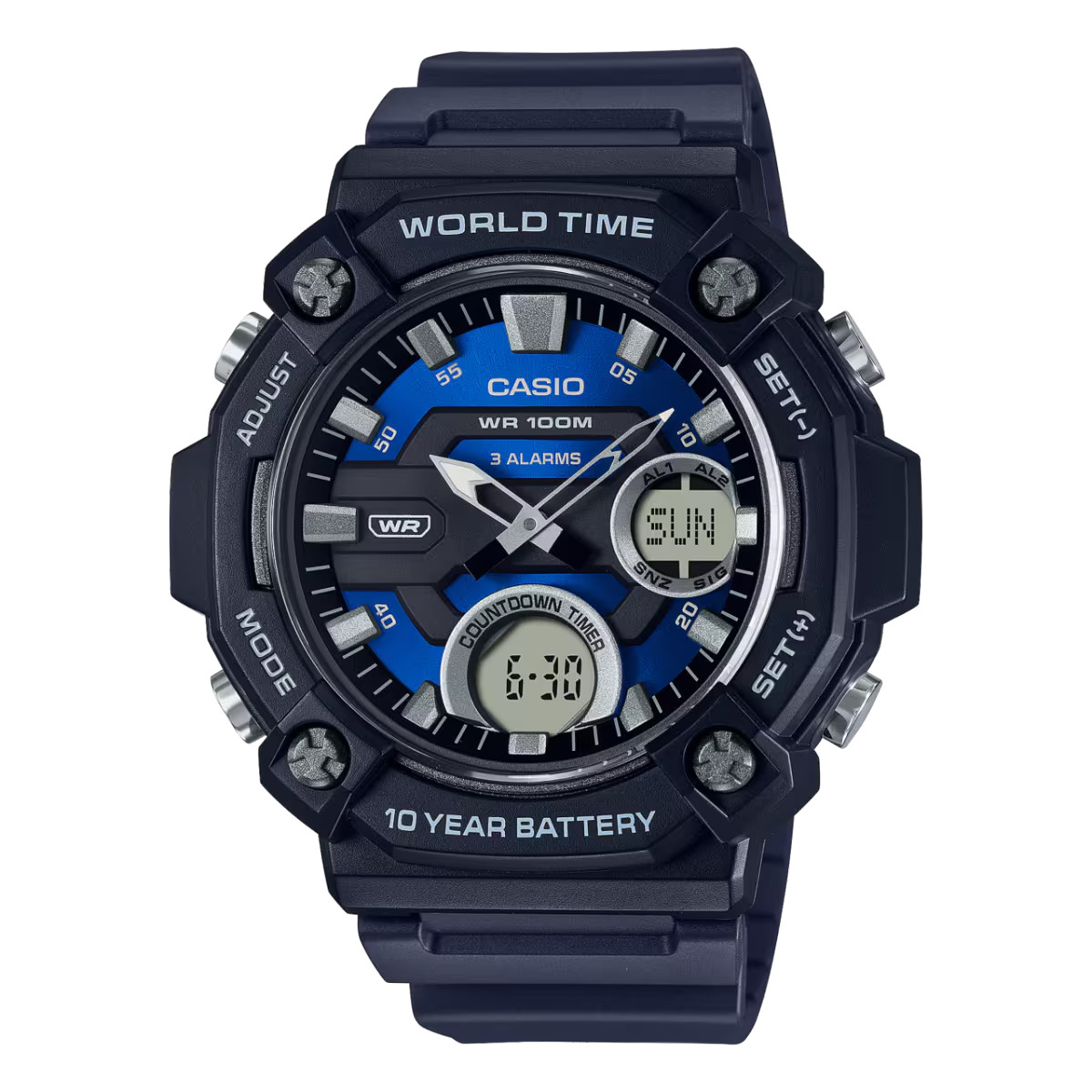Casio AEQ120W-2AV, Digital/Analog, 3 Alarms, 10 Year Battery, Resin, World Time