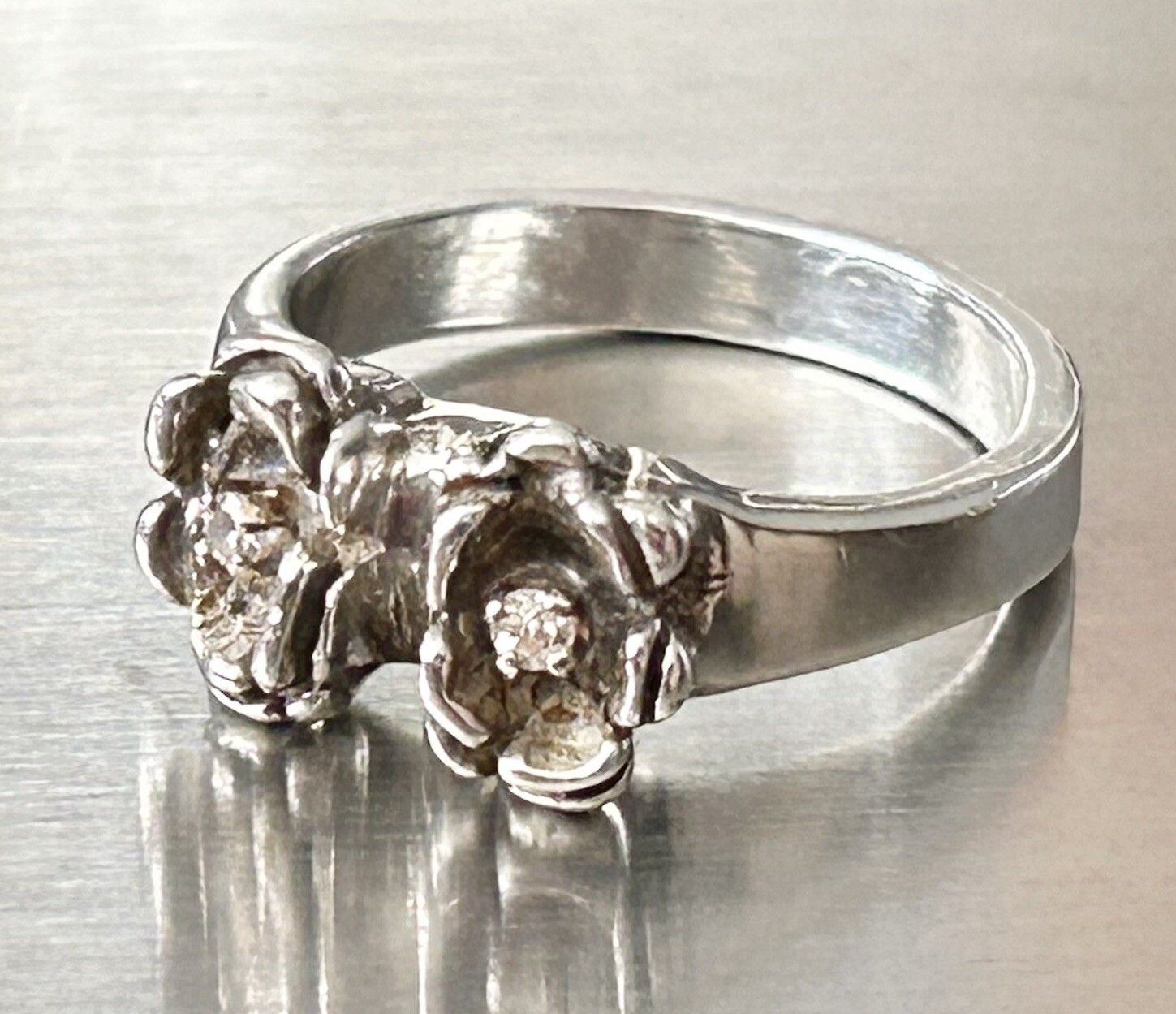 Sterling Brutalist Freeform Mod Flower Diamond Ring Sz 6.25 Scandinavian Style