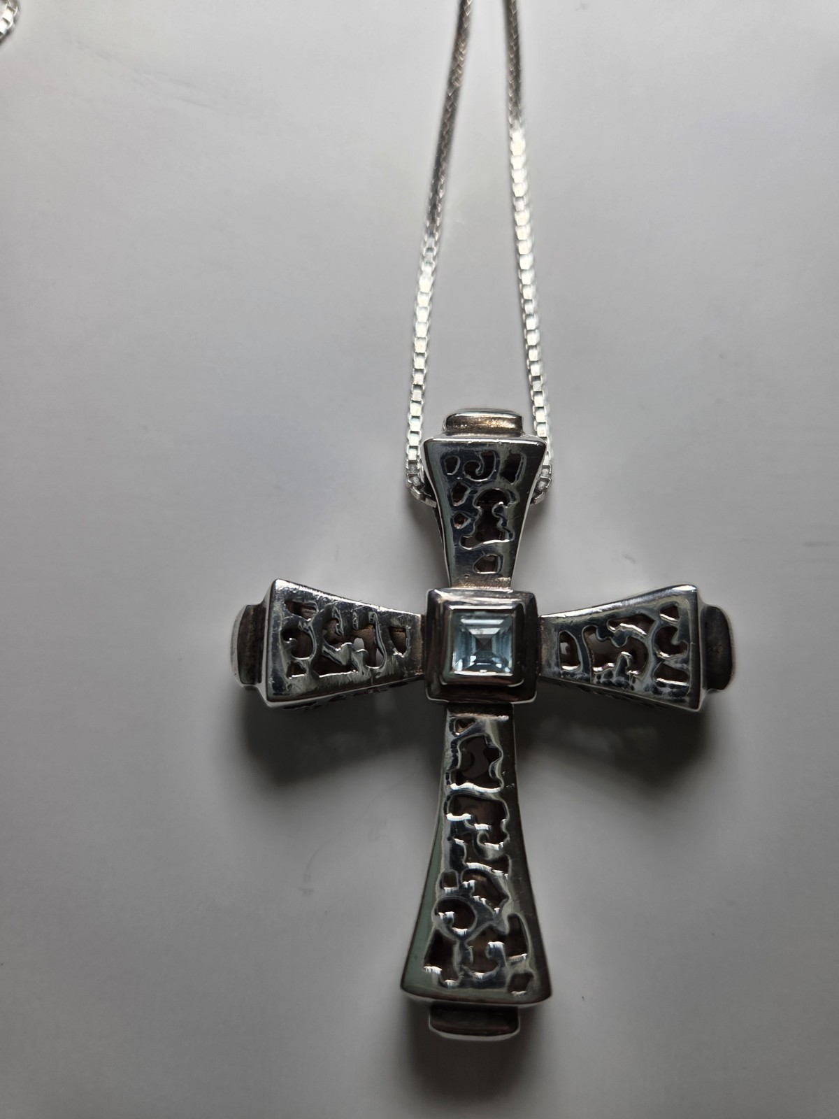 Vintage Barse 2000 Sterling Silver Cross Swiss Blue Topaz Italy Chain 29″, 925
