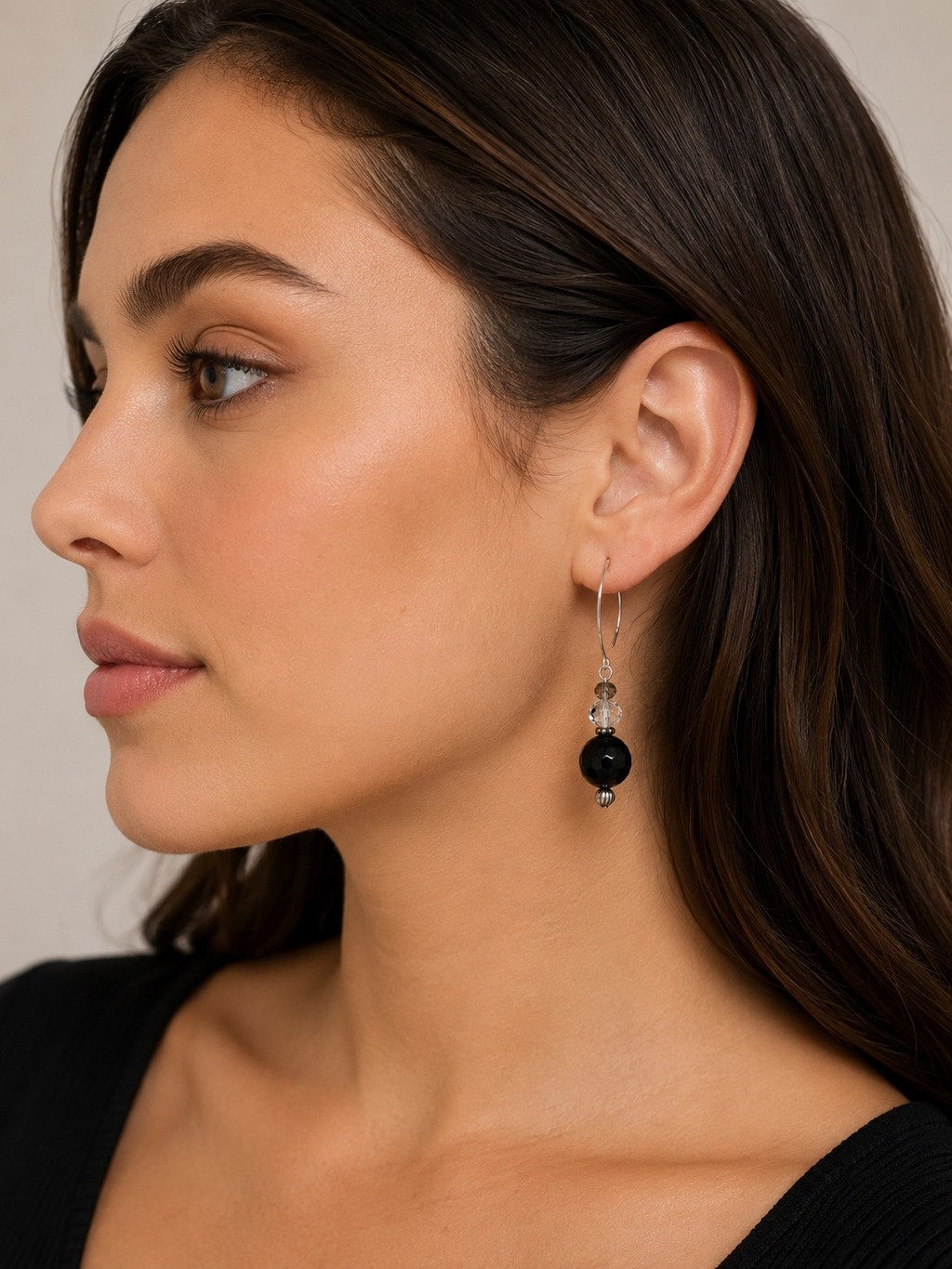 Black Faceted Bead & Crystal Drop Dangle Earrings Silver Tone Hook Boho Handmade