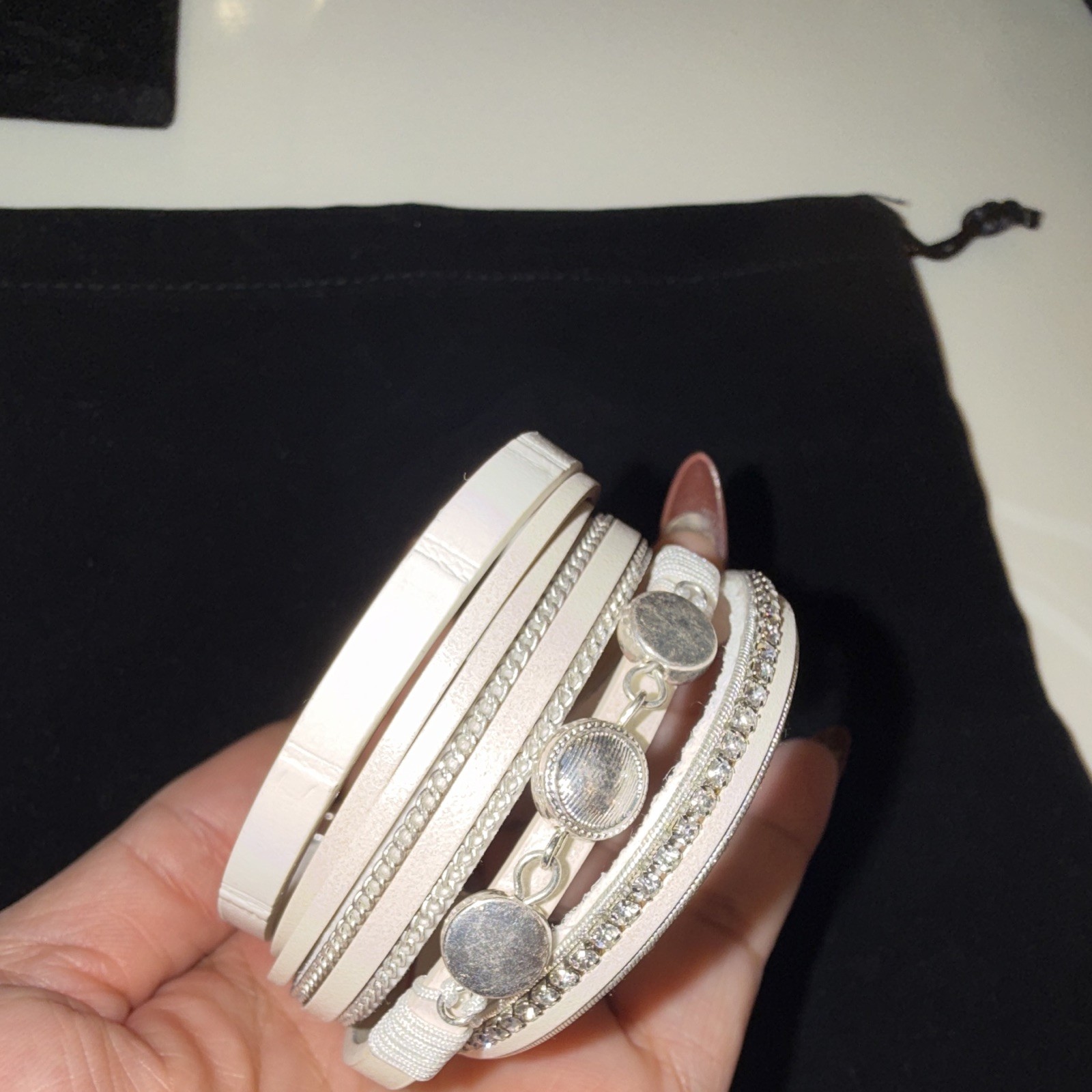 White Faux Leather Multi-Strand Wrap Cuff Bracelet, Clear Crystal, Magnetic