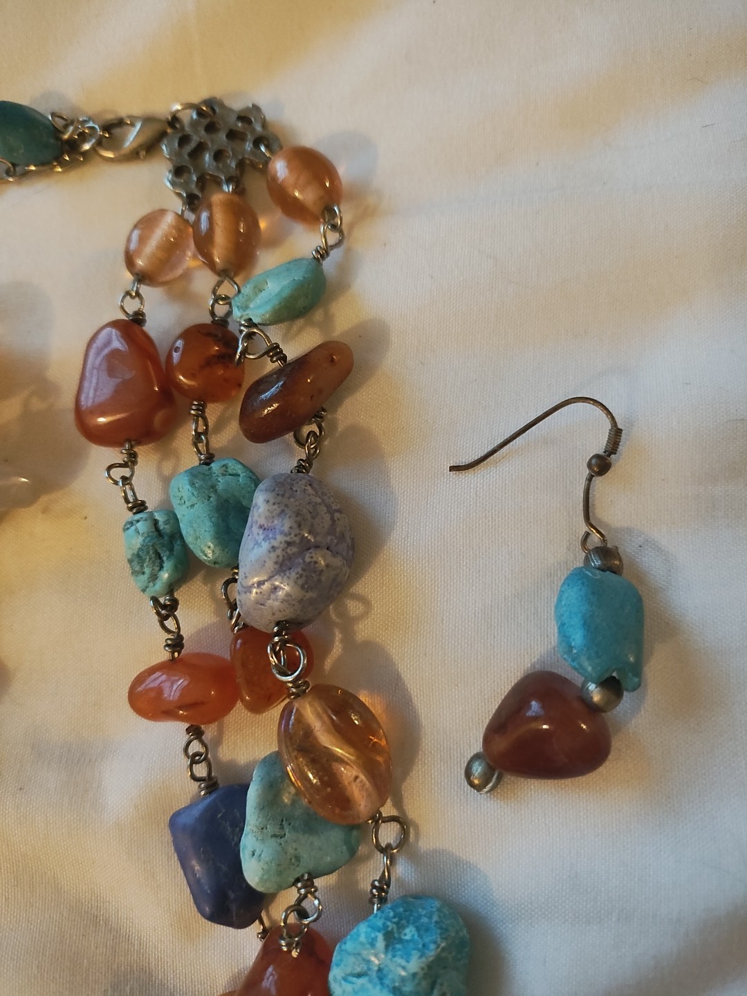 Artisan Amber & Turquoise 19″ 3 Strand Rock Necklace/ Earrings Southwest. Read