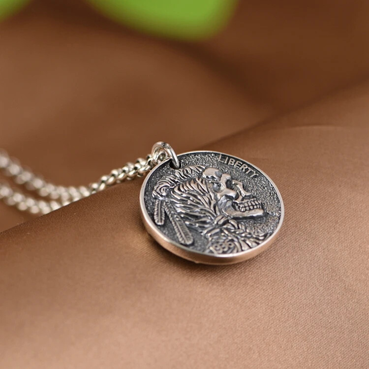 S925 Sterling Silver Indian Skull Headdress with Gold Fish Ball Charm Pendant