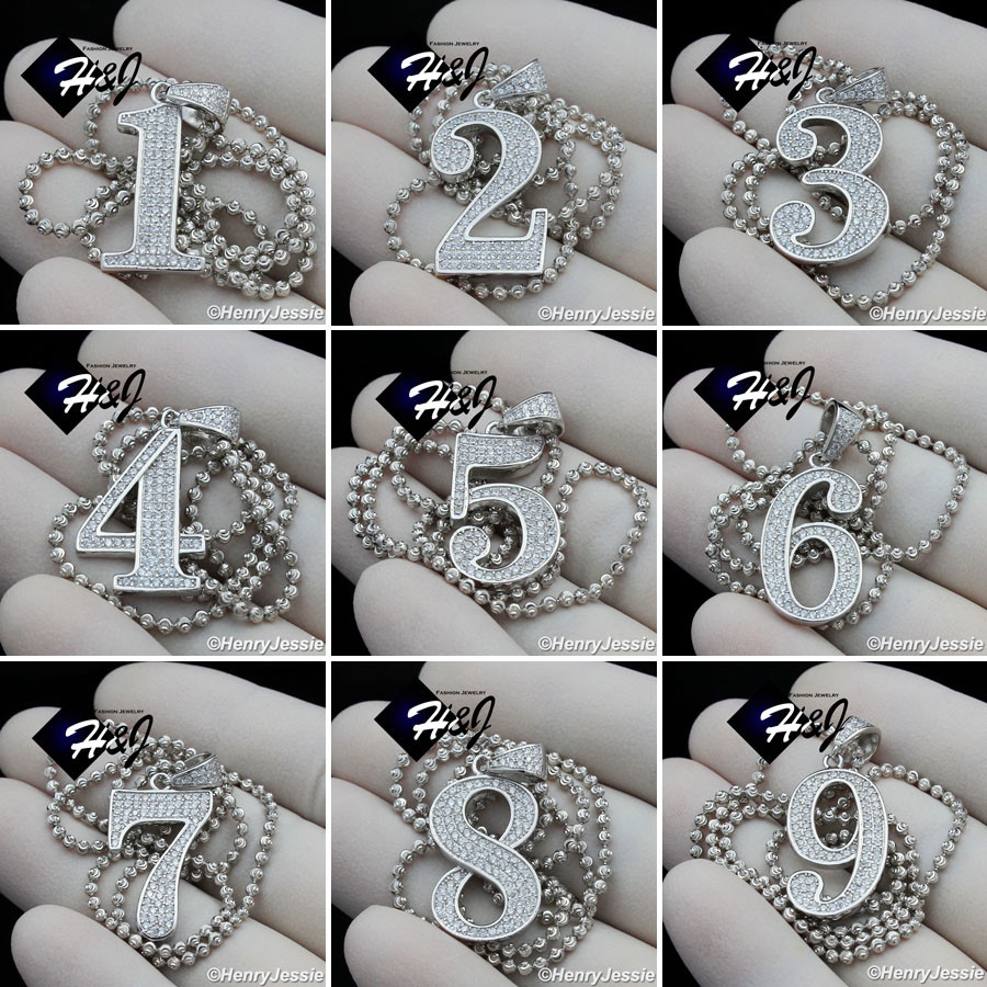 925 STERLING SILVER 18″-30″X2MM BEADED CHAIN ICY BLING CZ NUMBER PENDANT*SP179